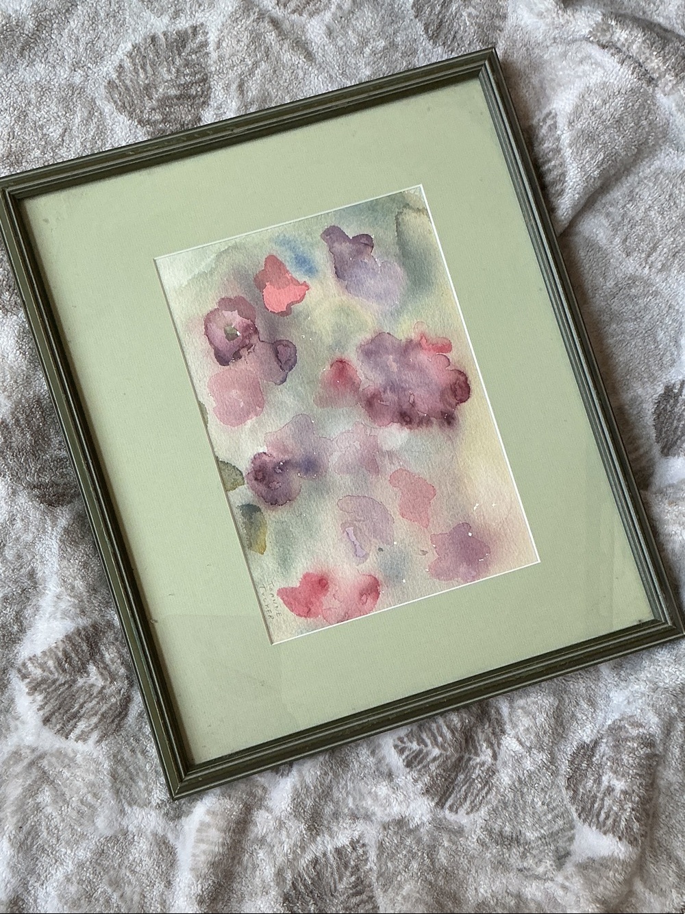 Framed Floral Watercolor Art Print in Green Mat. 19”x16”